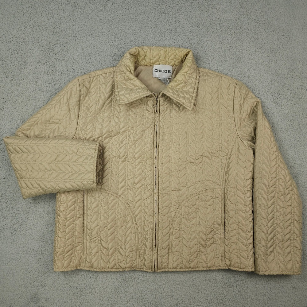 VTG Chicos Jacket Womens 3 US XL Gold Shimmer Quilted Full Zip Lined Coat Party